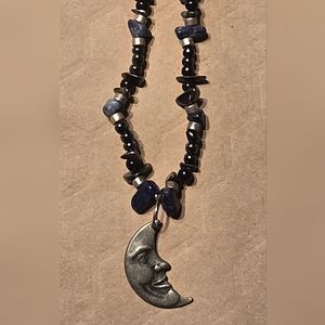 Astrology Moon Pewter Lapiz Lazuli Crystal Handbeaded Blue Moon Necklace